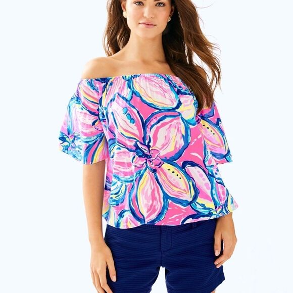 Lilly Pulitzer Top Off The Shoulder Sain Blouse in Pink Sunset Sunny Side - Picture 1 of 7